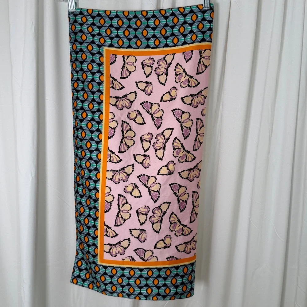Zara Butterfly Geometric Print Square Scarf Pink Blue Orange Silk Feel 115-32